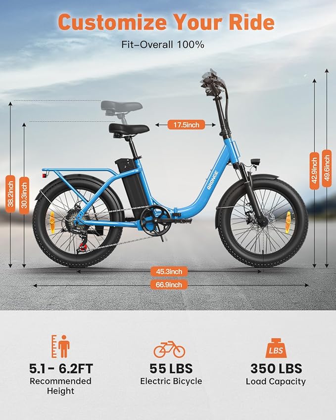 Electric Bike, 1000W Peak Folding Electric Bike, 486Wh 70 Miles Range Ebike, 20" Step-Thru Bicycle with Front Basket, Waterproof Removable Battery, 7 Speed, 25 MPH Max