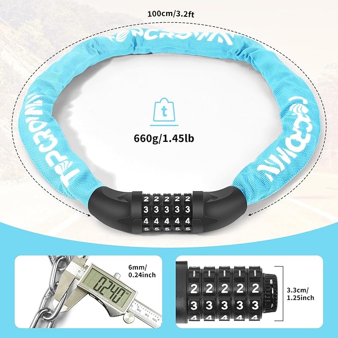 Bike Chain Lock 3.2Ft Long High Security Heavy Duty Anti Theft, 5 Digit Combination Resettable Keyless Bicycle Lock for Bike/Electric Scooter/Ebike/Motorcycle(Sky Blue)