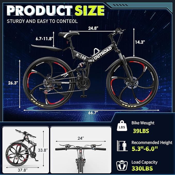 Outroad 26 Inch Mountain Bike, 21-Speed/High-Carbon Steel/Aviation Grade Frame, Dual Disc Brake, Adjustable Ergonomic Seat Bicycle for Men Women Adult, Quick Assembly in 20 Minutes Black