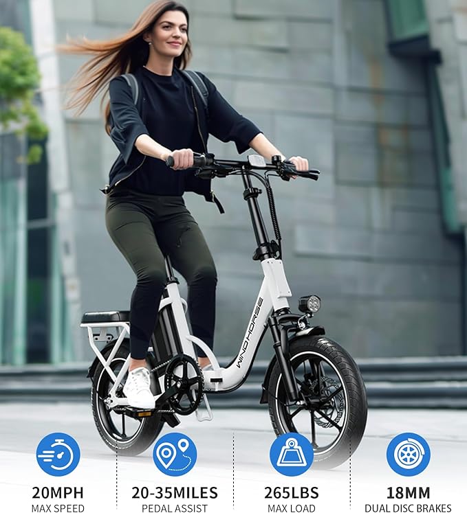 WINDHORSE 16" Folding Electric Bike for Adults, 630W Peak Motor, 20MPH, 19–35 Miles Pedal Assist Range, LCD Display, Suspension, Dual Disc Brakes, Removable Battery, Commuter Ebike