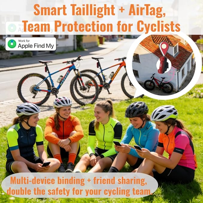 Bike Tail Light with GPS Tracker, Real-Time Tracking, 100dB Beep, Compatible with Apple Find My