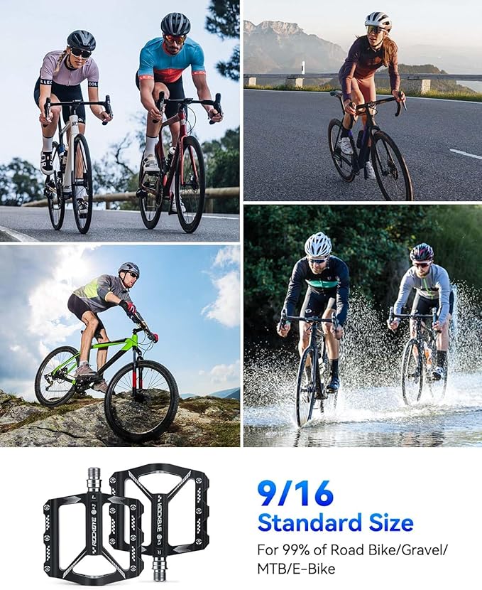 Bike Pedals- 9/16" Lightweight Mountain Bike Pedals with 3 Sealed Bearings Non-Slip Wide Platform,Easy Installation Bicycle Pedals for Road Mountain BMX MTB Bike