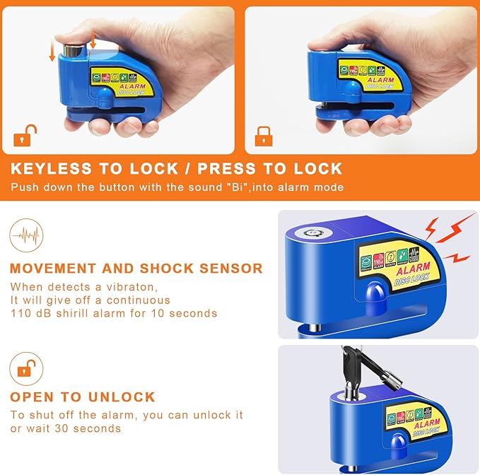 Motorcycle Alarm Disc Brake Lock, Motorcycle Locks Anti Theft Security Wheel Disc Lock Waterproof 110dB Alarm Sound with 5ft Reminder Cable Keys and Carry Pouch for Motorbike Bike Scooter