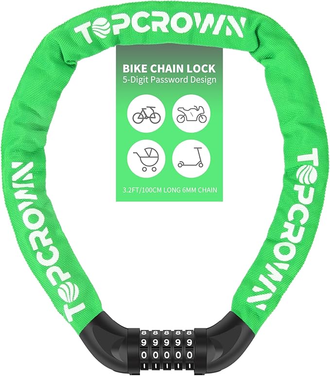 Bike Chain Lock 3.2Ft Long High Security Heavy Duty Anti Theft, 5 Digit Combination Resettable Keyless Bicycle Lock for Bike/Electric Scooter/Ebike/Motorcycle(Green)