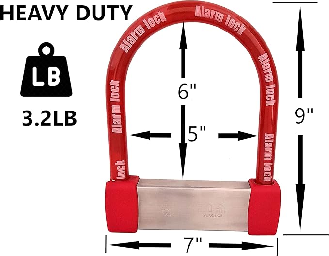 Bike Lock Heavy Duty Anti Theft Alarm Bike U Lock, High Pitched Audible Alarm, Bicycle, Fits Fat Tire E-Bikes 20"x4" Wheels Scooters Motorcycles,16mm Stainless Steel Weather Proof 3 Keys (Red)