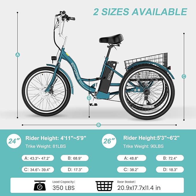 Electric Tricycle for Adults Seniors, 24/26 Inch 3 Wheel E-Trike, 350W Motor (700W Peak), Removable 36V Battery, Up to 15.5MPH, 25-60Mile Range, Low Step-Through, Rear Basket, 350lbs Capacity, 7 Speed