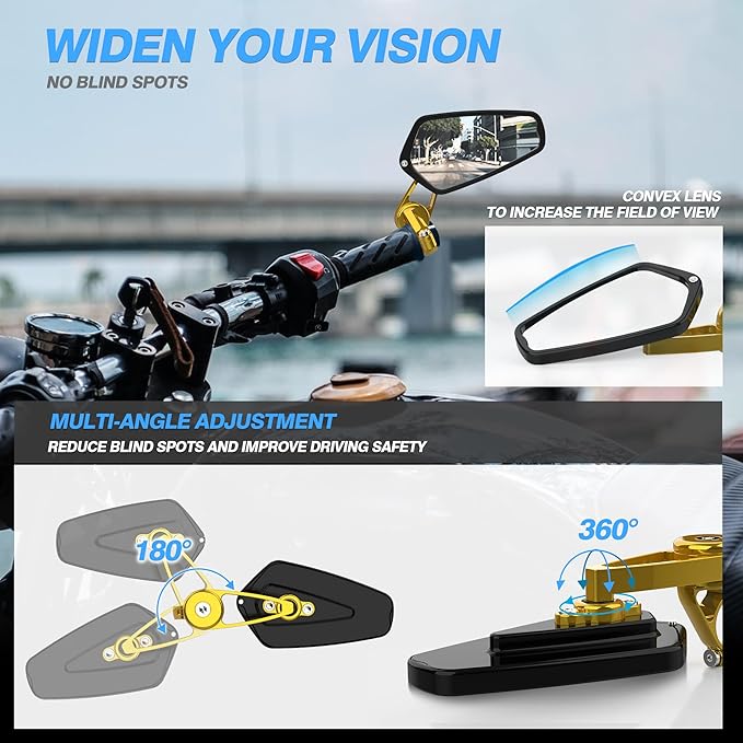 MICTUNING CNC Motorcycle Mirrors - 7/8" (22mm) Bar End Rear View Mirrors Compatible with Most Honda Grom, Yamaha, Kawasaki, Ducati, Suzuki and More - Golden