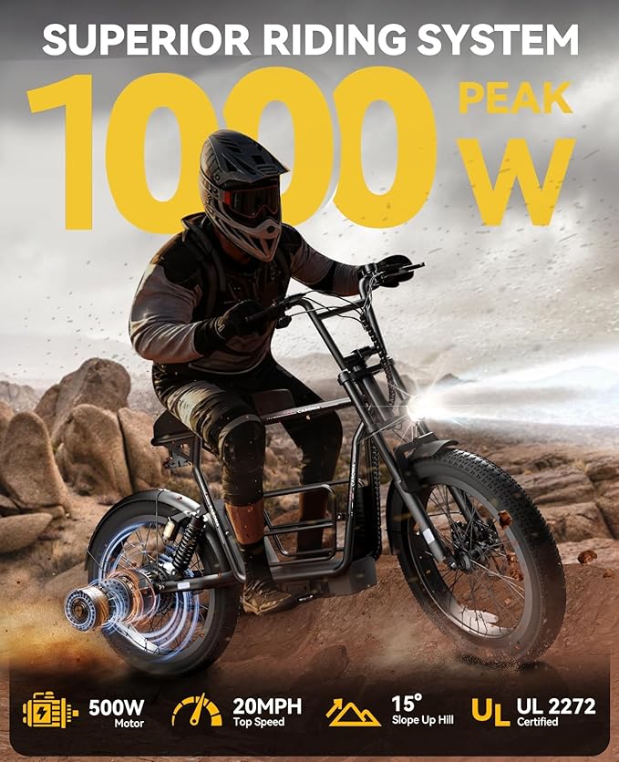 Caroma Peak 1200W/1000W/800W/500W Electric Scooter with Seat,16"/20" Fat Tire Ebike All-Terrain,Max 30Miles&20MPH Electric Scooter Adults,Electric Motorcycle Adults with Storage Basket for Cargo&Pets