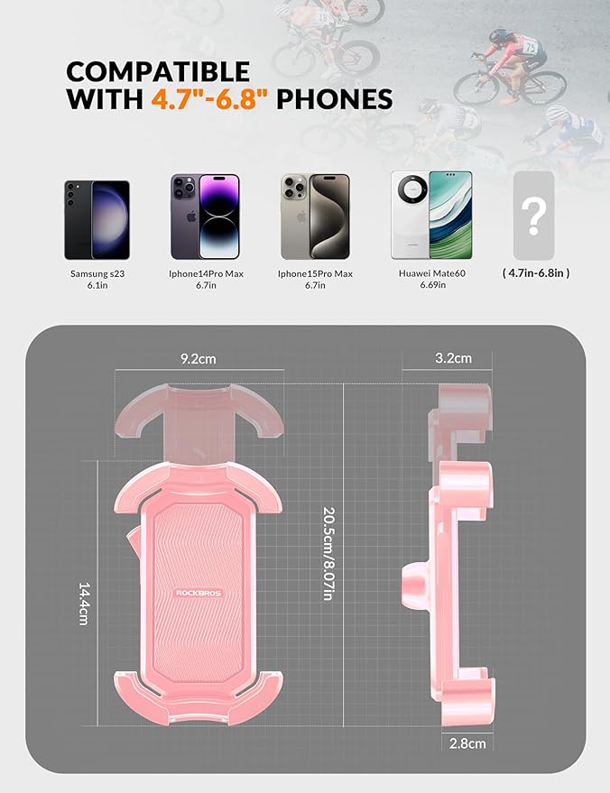 ROCKBROS Bike Phone Holder - Motorcycle & Scooter Mount, Adjustable, Shockproof, Security Lock, 4.7'-6.8' Phones