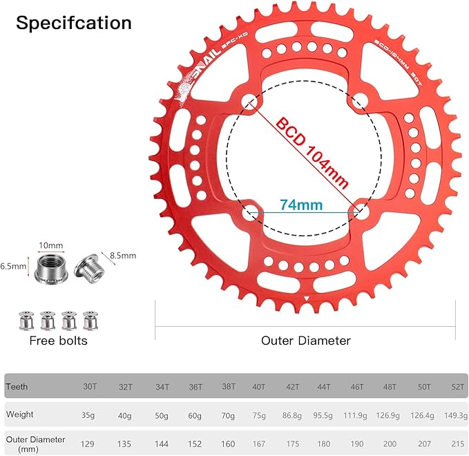 CYSKY 104 BCD Chainring 30T to 52T Narrow Wide Chainring with Sprocket Bolts for 1x Set-up Road Bike Mountain Bike BMX MTB Gravel Ebike