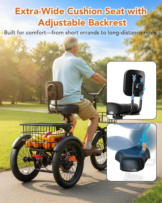 Qlife Triker Electric Bike, Peak 750W/1200W Brushless Motor Folding Trike Ebike, 499Wh Removable Battery, Step-Thru 3 Wheel Electric Bicycle, Up to 55 Miles, 20 Tire Tricycle for Adults