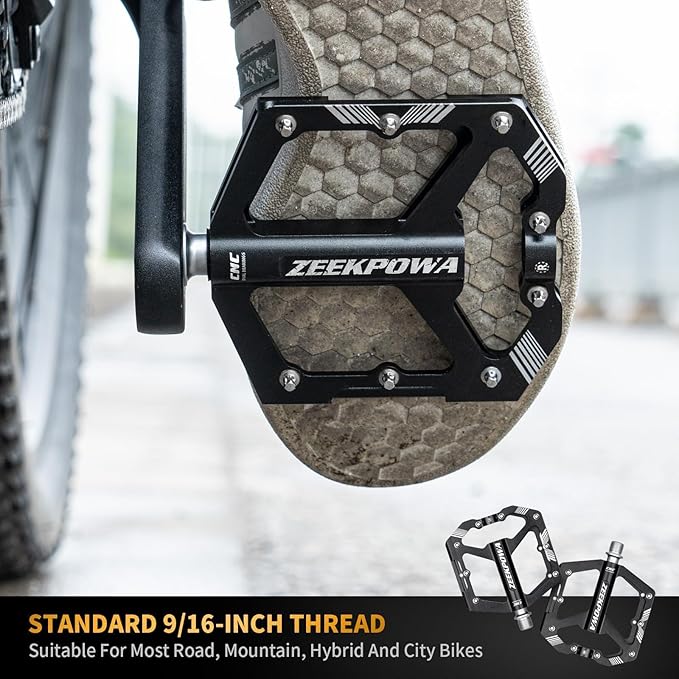 Zeekpowa Mountain Bike Pedals Flat, Road Bike Flat Pedals 16 Removable Anti-Skid Nails 9/16" Chromo Spindle Sealed Bearings Ultra CNC Aluminum Pedals Non-Slip Wide Platform Road/City Cycling