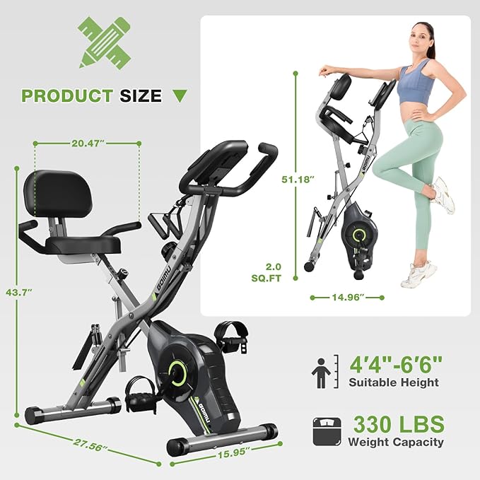 Exercise Bike, 5 in 1 Foldable Stationary Bike for Seniors, 16-Level Adjustable Magnetic Resistance, Indoor Workout Bike with 330LB Capacity, Comfortable Seat Backrest X-bike