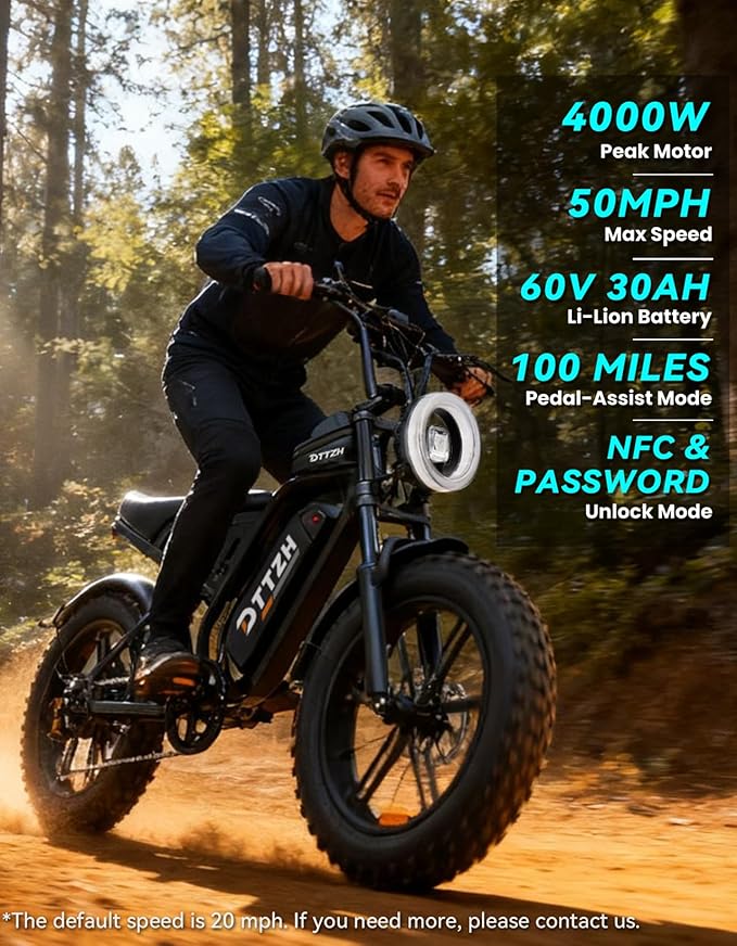 F6/F6S/F6PRO Electric Bike for Adults with NFC & Password Unlock, 4000/2000/1500W, 50/40/33MPH, 60V 30Ah, 48V 15/25Ah E-Bike, 100-60 Miles Electric Motorcycle, 20" Fat Tire Electric Dirt Bike