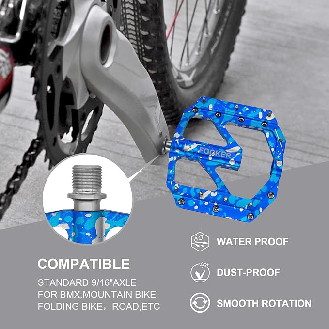 FOOKER Bike Pedals Non-Slip Aluminum Alloy MTB Mountain Bike Pedals 3 Bearing 9/16" for Road BMX MTB Bikes
