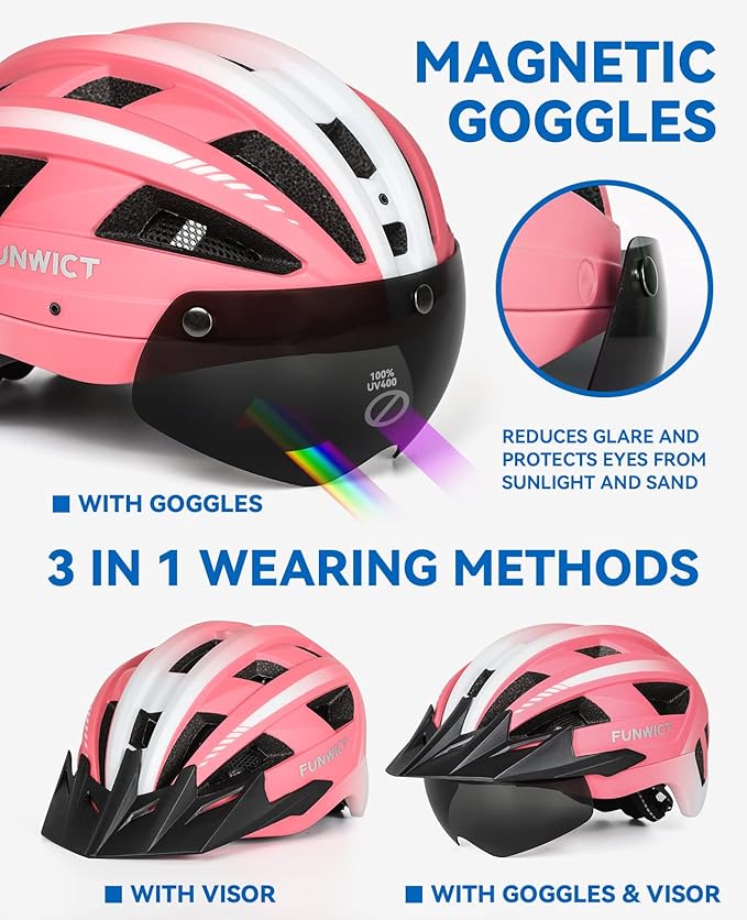 Adult Bike Helmet with Visor and Goggles for Men Women Mountain Road Bicycle Helmet Rechargeable Rear Light Cycling Helmet