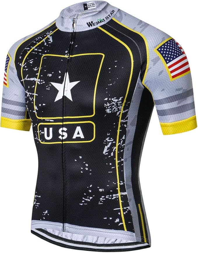 Cycling Jersey Men USA Summer Bike Short Sleeve 3-Pockets Breathable Quick-Dry Shirt S-3XL