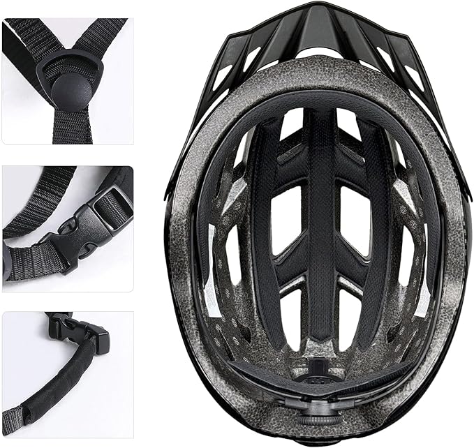 Bike Helmet for Adult Men Women with Multi-Mode Rear LED Light, with Suggested Fit 56-62cm, Lightweight with Adjustable Dial, Side and Chin Strap, Carbon Black Shiny Surface
