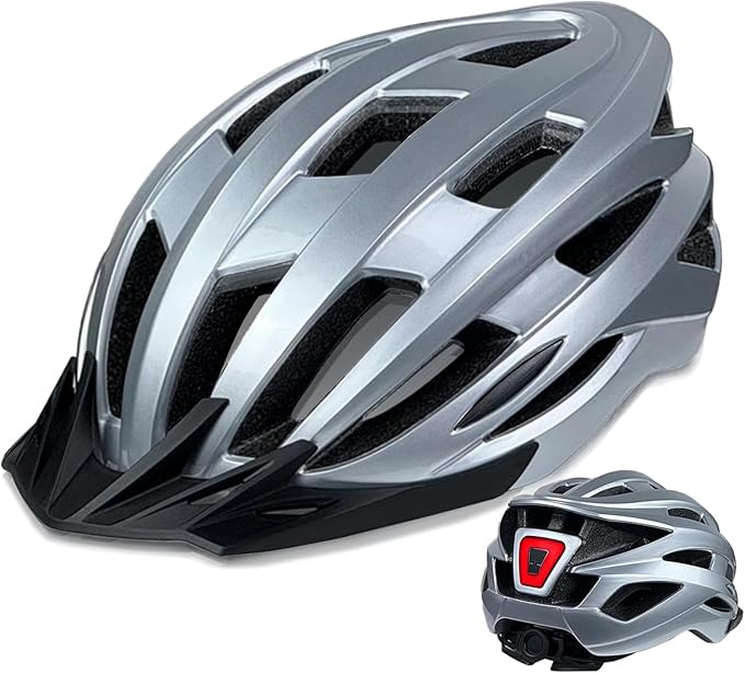 Bike Helmet for Adult Men Women with Multi-Mode Rear LED Light, with Suggested Fit 56-62cm, Lightweight with Adjustable Dial, Side and Chin Strap, Carbon Black Shiny Surface