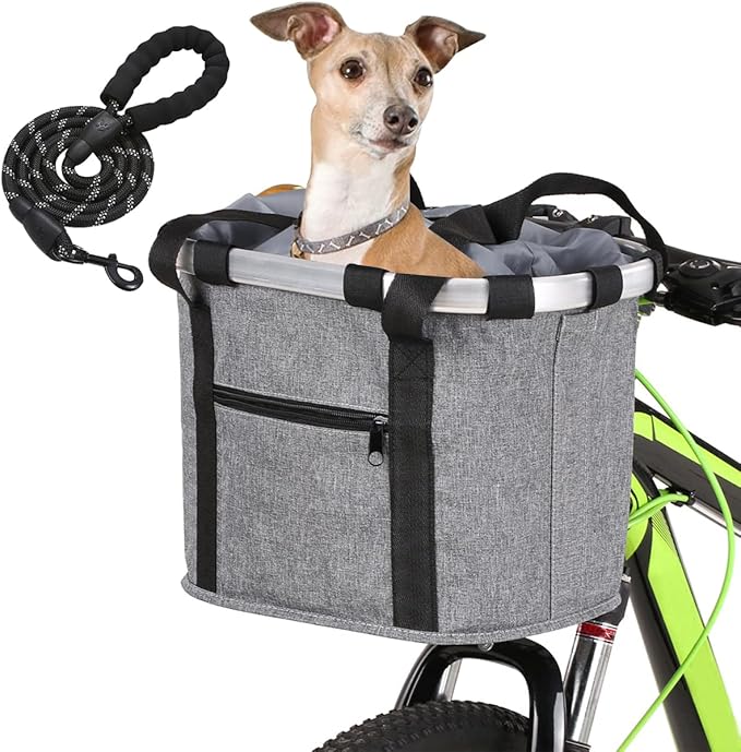 Detachable Bike Basket, Dog Cat Bicycle Handlebar Front Bag Pet Carrier with 5 FT Dog Leash for Cycling, Shopping, Picnic, and Outdoor