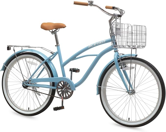 ACEGER 24 26 Inch Women Beach Cruiser Bike, Single Speed and 7 Speed, Adult Hybrid Bike Commuter Bicycle, Hi-Ten Steel Frame with Adjustable Handlebar and Saddle, Multiple Colors