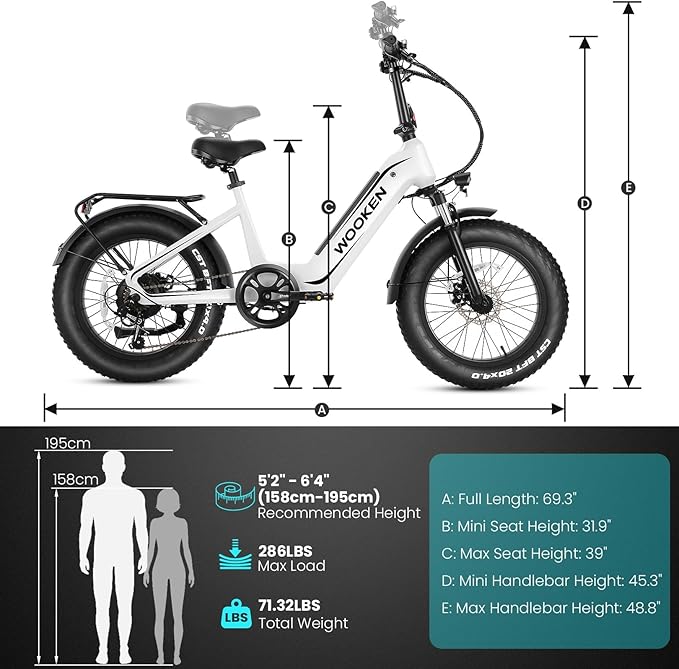 Wooken Electric Bike for Adults, Peak 1000W Motor Ebike,20"x4.0" Fat Tire Electric Bike,48V 624WH Removable Lithium-ion Battery,Up to 60 Miles,Step-Thru Electric Mountain Bike,SGS Certified to UL 2849