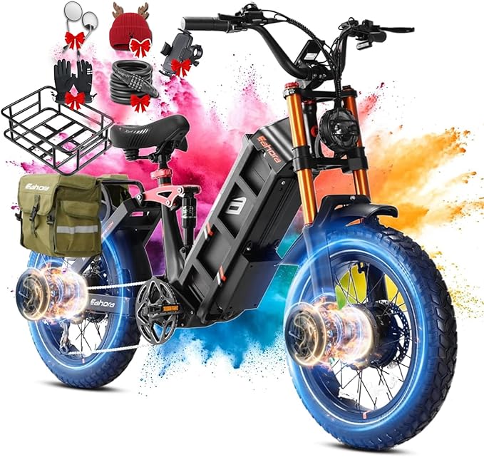 2026 eAhora Juliet Pro 2 EBike - Dual Motor 5400W/1200W 30-43MPH 60V 70Ah 200Mile Long Range Electric Bike for Adults, 20'' Fat Tire Fast Electric Mountain Bike Full Suspension Electric Bicycle