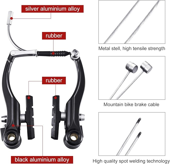 Universal Mountain Bike Brakes Set - 2 Pairs, Replacement for Most Bicycles, Includes 2 Pieces Brake Cables, Gear Shift Cable Wire, End Caps, End Ferrules