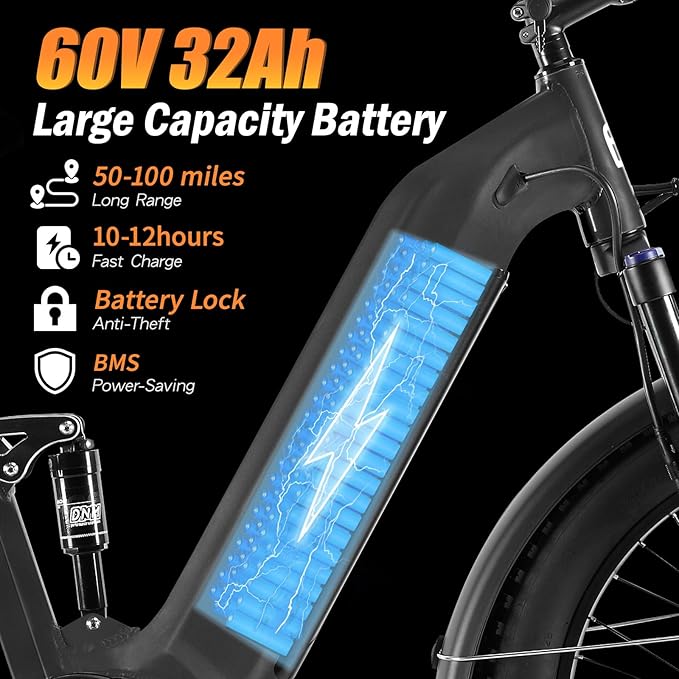 5000w Dual Motor Electric Bicycles, 60V Battery E-Bike with 45 MiIe P-Hour Electric Bike for Adults, 26 Fat Tire Hunting Ebike for All Terrain, Full Suspension Electric Ebike