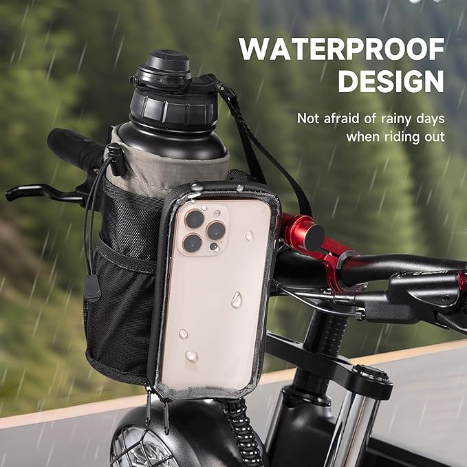 Bike Water Bottle Holder with Mount | Fits Motorcycles, Strollers, Scooters, Wheelchairs | Waterproof Phone Bag | Mount Support More Bike Devices | Holds 3.6in Diameter Bottles (2Black)