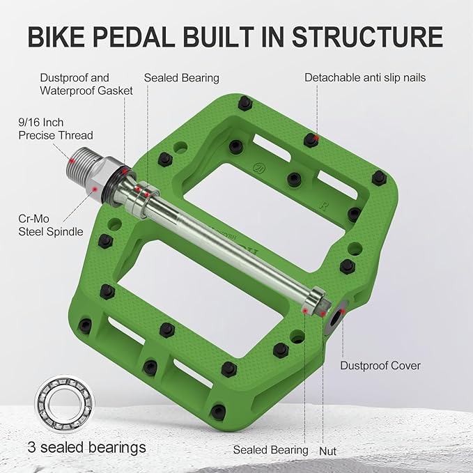 MZYRH Mountain Bike Pedals 9/16" 3 Sealed Bearings Lightweight Non-Slip Nylon Fiber Bicycle Platform Pedals for Road BMX MTB