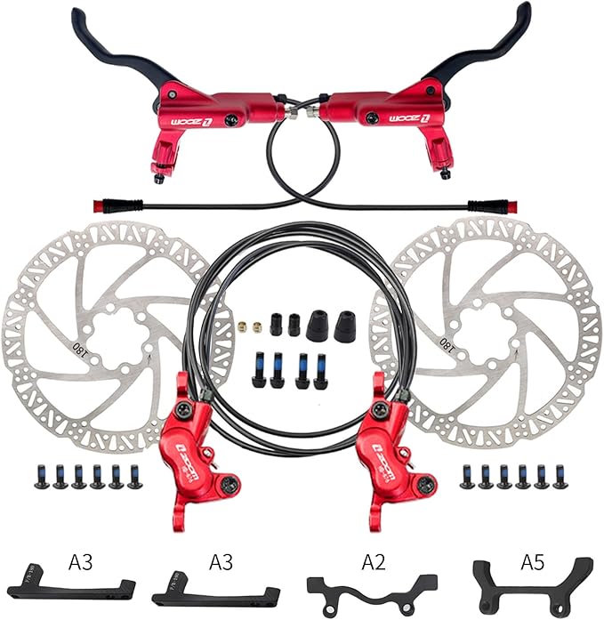 Zoom HB876E Hydraulic Disc Brakes Set 4-Pistons E-Bike Electric Power-OffHydraulic Brake Set with 180mm Rotors, Adapter Fit EBike Fat Bike Bicycle for Mountain Bike, Road Bike（Red）