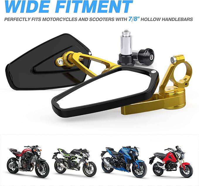 MICTUNING CNC Motorcycle Mirrors - 7/8" (22mm) Bar End Rear View Mirrors Compatible with Most Honda Grom, Yamaha, Kawasaki, Ducati, Suzuki and More - Golden