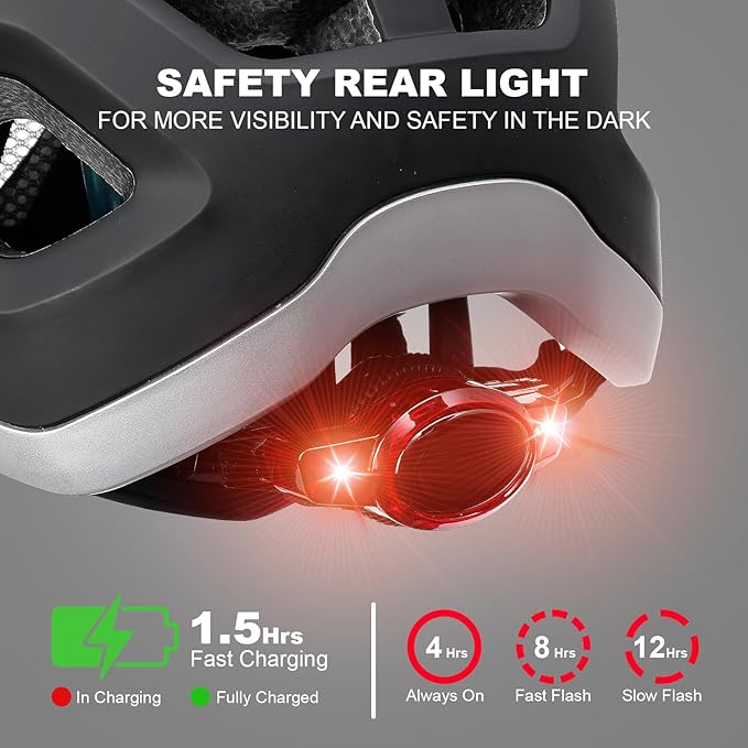 LUMDEER Bike Helmet for Adults - Mountain Bicycle Helmet with Rechargeable Light, Airflow Visor, Lightweight Ajustable Biking Helmet for Men Women