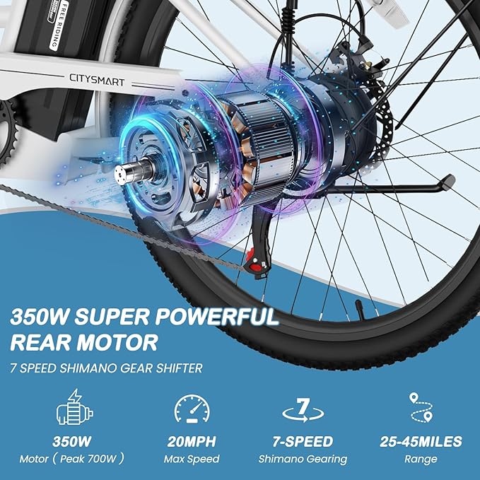LILYPELLE Electric Bike for Adults, 700W Peak Power Commuter Ebike with 36V 10.4Ah Removable Battery, 7-Speed 24'' 26'' Tires City Cruiser Ebike E-Bicycle