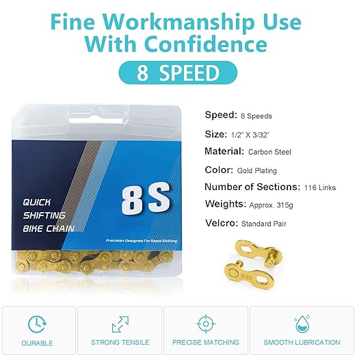 Gold Bike Chain 6/7/8 Speed Bike Chain,1/2 x 3/32 Inch,116 Links, Alloy Steel,Triple Strand,Suitable for Mountain Bike Road Bike