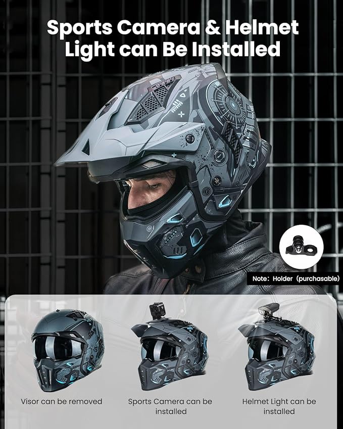 ILM Open Face Motorcycle 3/4 Half Helmet for Men and Women, Vintage Retro Helmet with Visor for Moped ATV Cruiser Scooter DOT Model Z302(Blue Mecha,Medium)