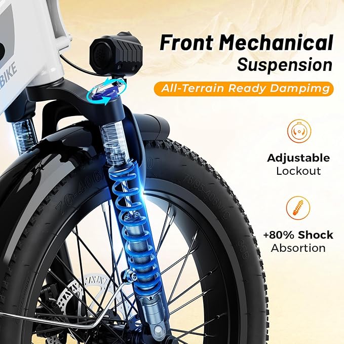 Aipas A2 Folding Electric Bike, 20'' Fat Tire Electric Bike with 750W Peak Motor, 48V 12.8Ah Removable Battery, 28MPH Max Speed, 62 Mile Range, Step-Through Frame and 7-Speed with 2 Baskets