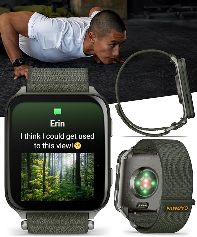 Wearable4U Garmin Venu X1 Thin and Lightweight GPS Smartwatch, AMOLED Display, Moss with Titanium Caseback and Moss ComfortFit Nylon Band Black Earbuds Bundle