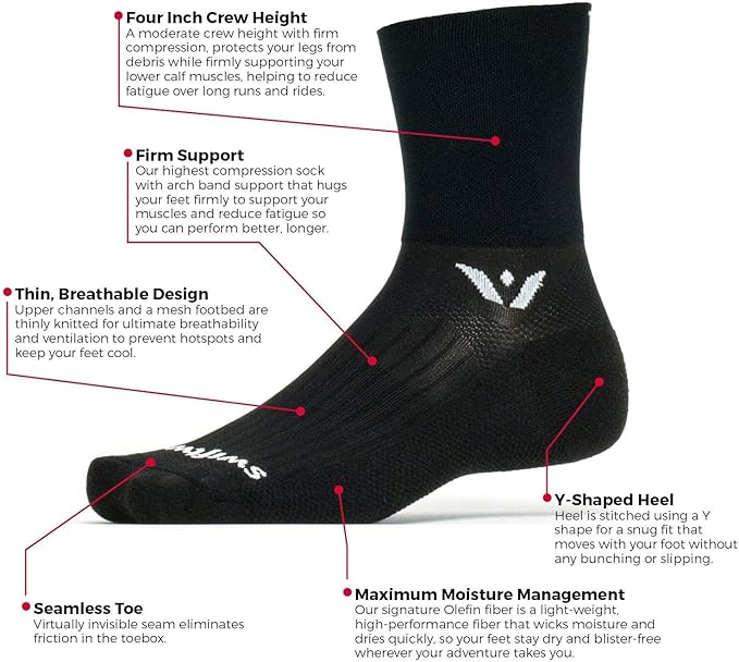 Swiftwick ASPIRE FOUR Trail Running, Cycling Crew Socks, Firm Compression Fit