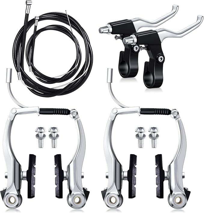 Boao Complete V-Type Bike Brake Set, Front and Rear Bike MTB Brake Inner and Outer Cables and Lever Kit Includes Calipers Levers Cables (Silver)