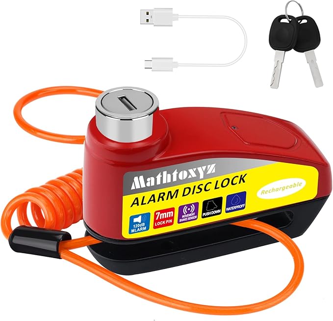 Motorcycle Lock Rechargeable, 120dB Alarm Disc Brake Locks Anti-Theft Security Wheel Disc Lock Waterproof with 5ft Reminder Cable and Carry Pouch for Motorbike Bike Scooter