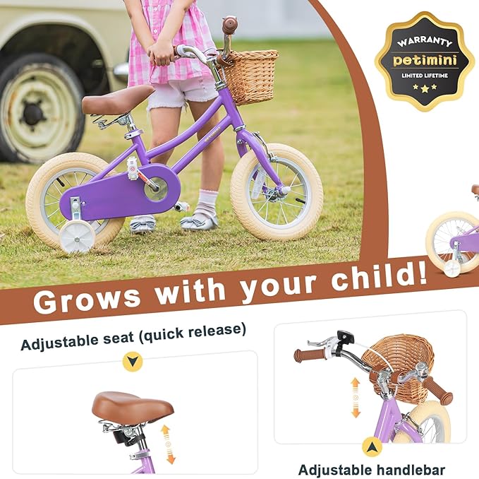 Petimini Vintage Kids Bike for Girls, 12–20 Inch Classic Bicycle with Wicker Basket & Bell, High Tensile Steel Frame, Training Wheels (12–18”), 85% Pre-Assembled, Retro Bike for Outdoor Riding