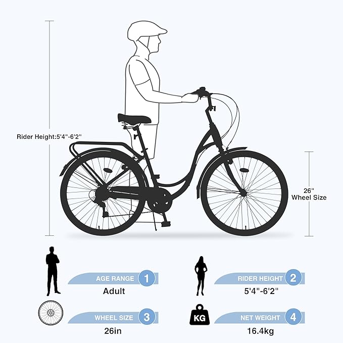 Commuter Bicycle, 26 Inch Ladies Bicycle for Adult, 7-Speed/High-Carbon Steel/Front & Rear Fenders, Ergonomic Upright Design Multiple Colors