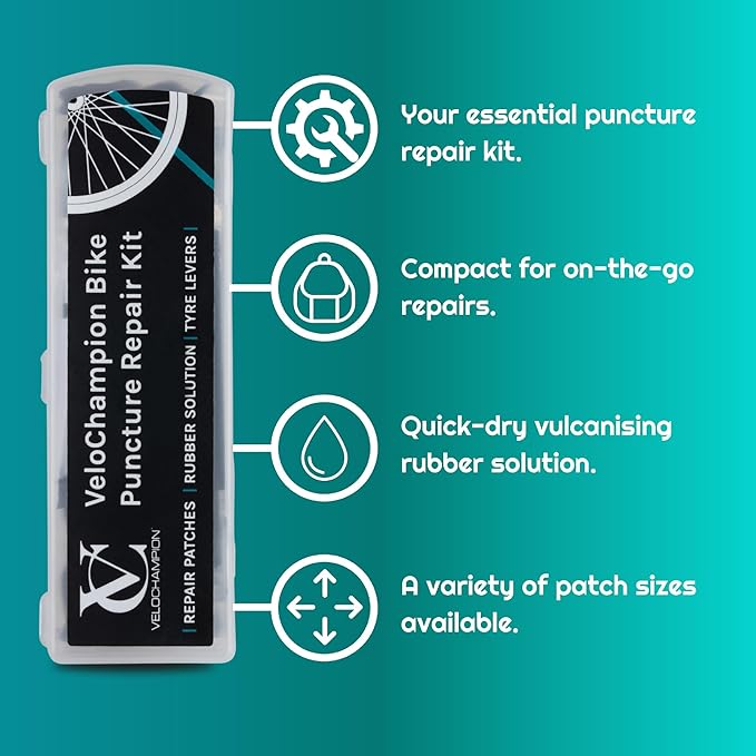 VeloChampion Glue Bike Tyre Puncture Repair Kit with Rubber Solution and Storage Case for All Bicycles; Road, Mountain, Commuter Bikes. 11 Repair Patches. 3 Tyre Levers
