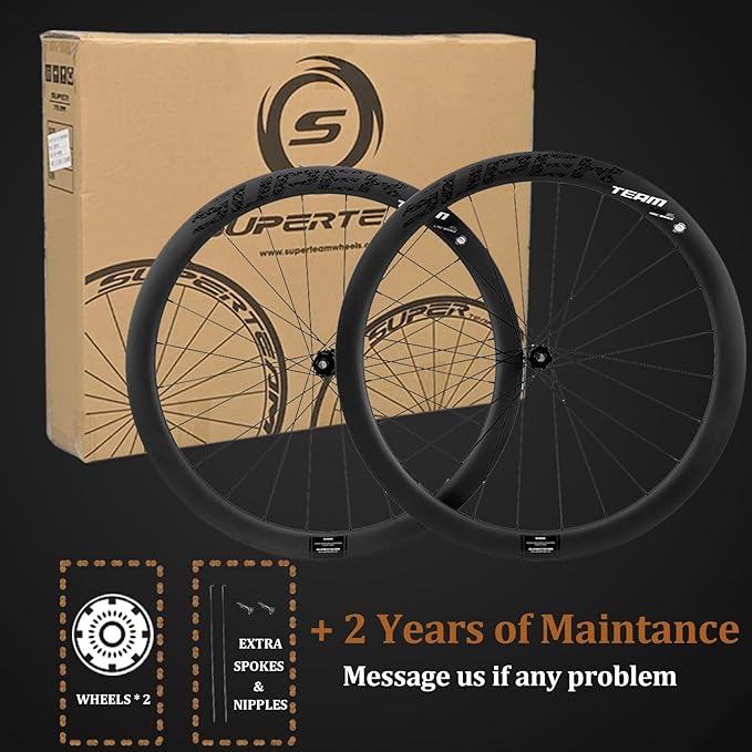 Superteam Carbon Wheelset Disc Brake 700c Road Bike Wheels 45/50/53mm Depth Tubeless Ready Cycling Wheels, for 8-12 Speed Center Lock / 6 Bolt, Thru Axle/QR Type