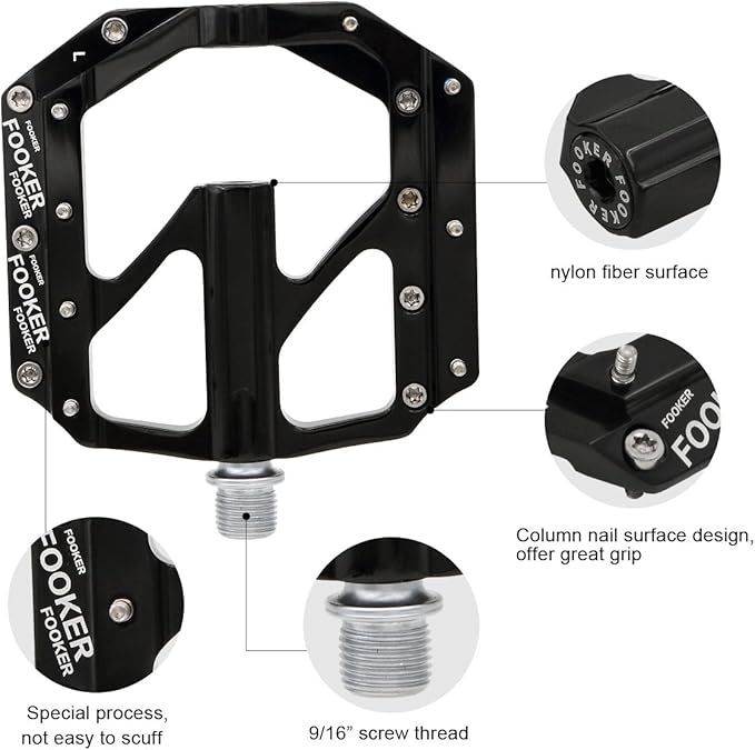 FOOKER Bike Pedals Non-Slip Aluminum Alloy MTB Mountain Bike Pedals 3 Bearing 9/16" for Road BMX MTB Bikes