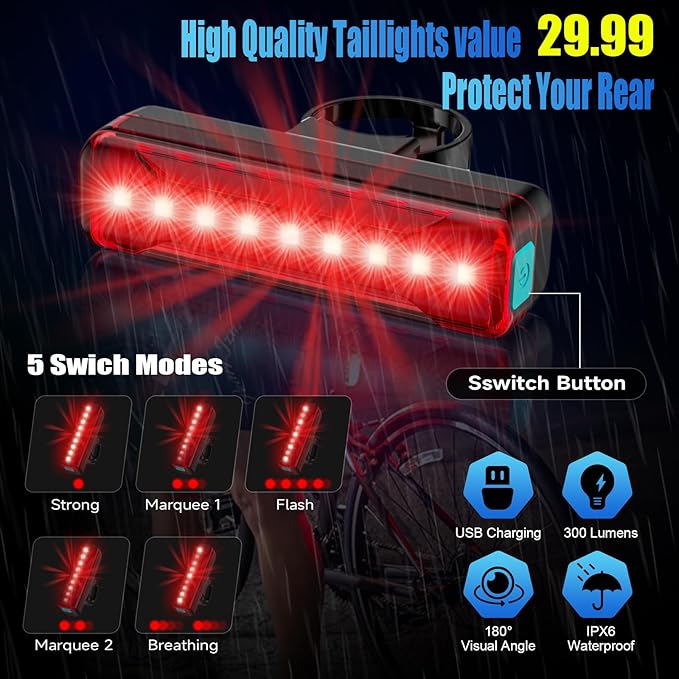 2026 Upgrade 6800Lumen Bike Light for Night Riding,Super Bright 6 LED Headlight,Aluminum 10 Mode Rechargeable Bicycle Light Front and Rear,360°Rotatable Brackt,Waterproof,Runtime 72 hr,Road Shockproof