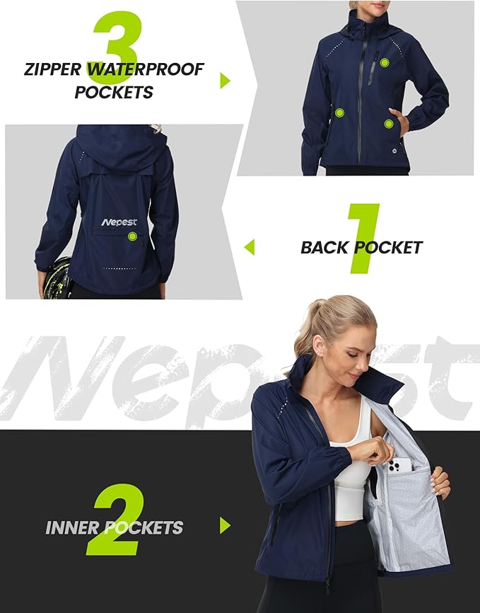 Nepest Womens Cycling Rain Jackets Lightweight Waterproof Biking Running Windbreaker UPF 50+ Reflective Packable Hooded