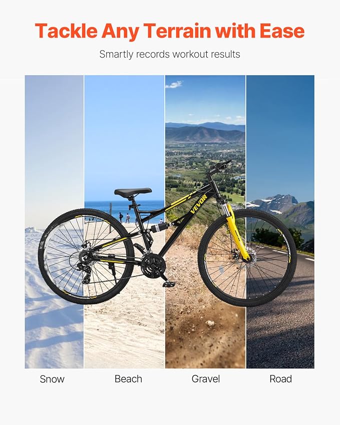 VEVOR Mountain Bike for Men/Women, 20"/26"/29" Sizes, 7/21/24 Speed Twist Shifting, Front or Dual Suspension, Dual Disc Brakes, Comfort Saddle, Sleek Colors